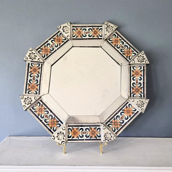 Mexican Punched Tin and Talavera Tile Octagonal Frame Floral Folk Art Boho Decor - Picture 1 of 8